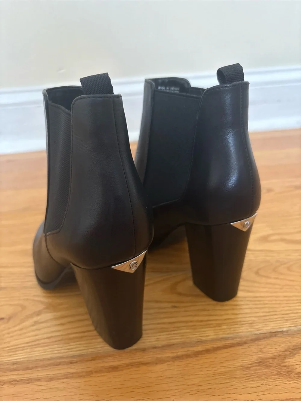 Michael Kors Black Leather Chelsea Block Heel Booties with Metal Accent